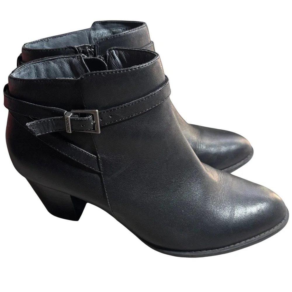 Vionic Upton Black Leather Ankle Boots Buckle‎ Strap Side Zip Block Heel Size 9